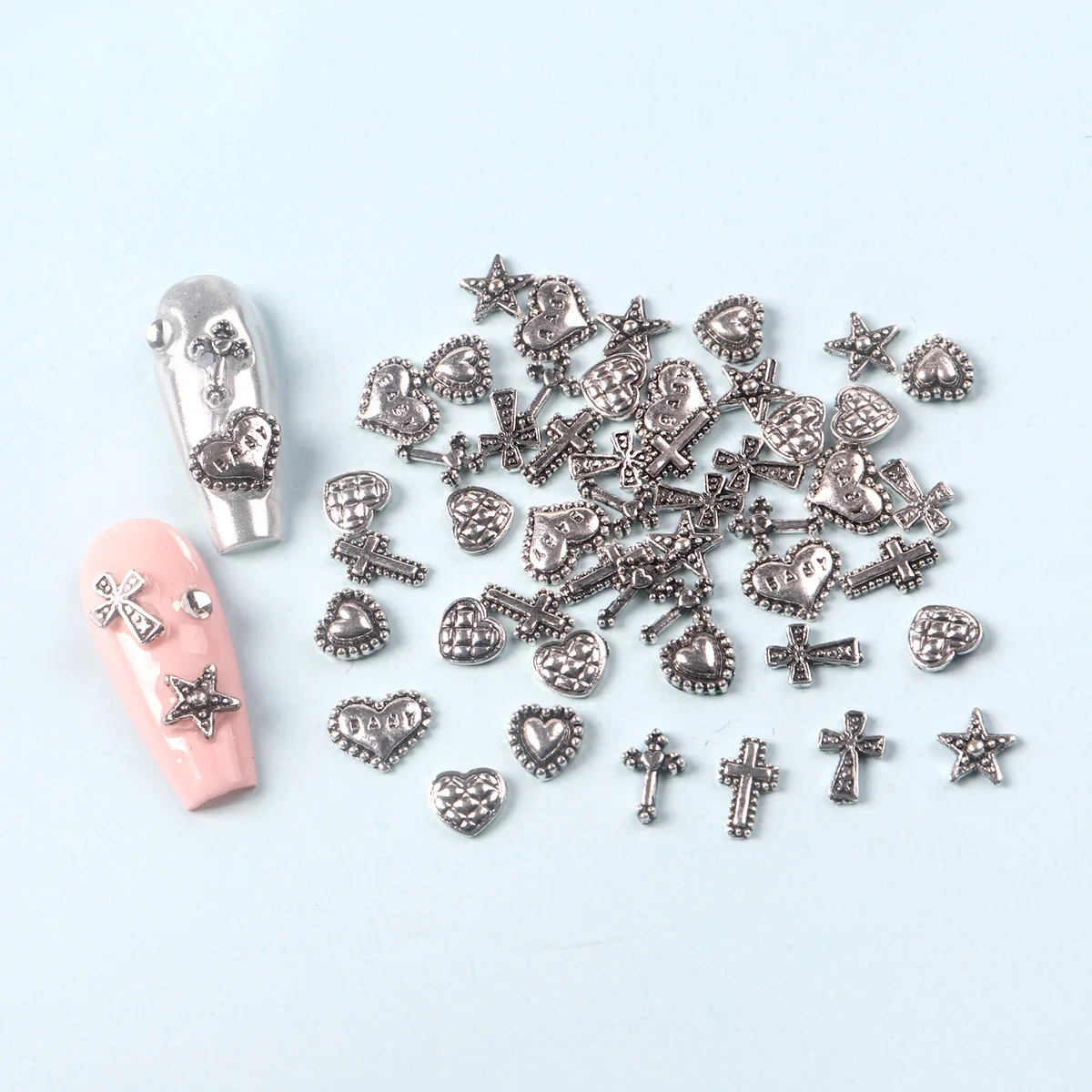30 Stück gemischte silberne Kreuz-Nagel-Charms, 3D-Retro-Metall-Maniküre-Strasssteine, Kreuz, Y2K-Nageldekorationszubehör zum Aufdrücken der Nägel – Detail 2