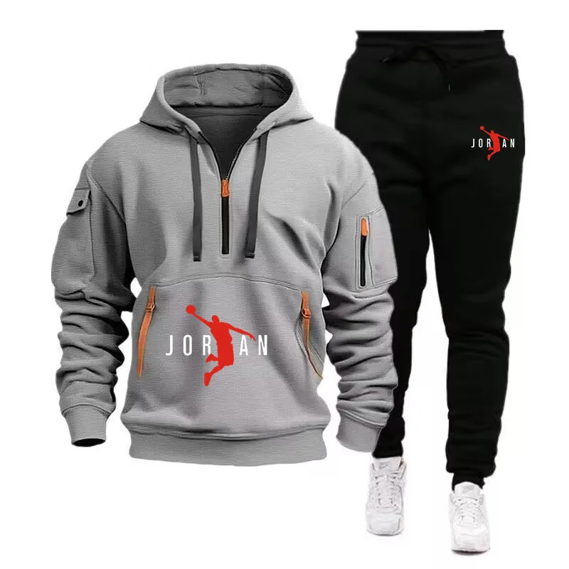 2024 Spring and autumn men's new multi-pocket zipper hoodie + casual sports pants two-piece jogging winter sports suit