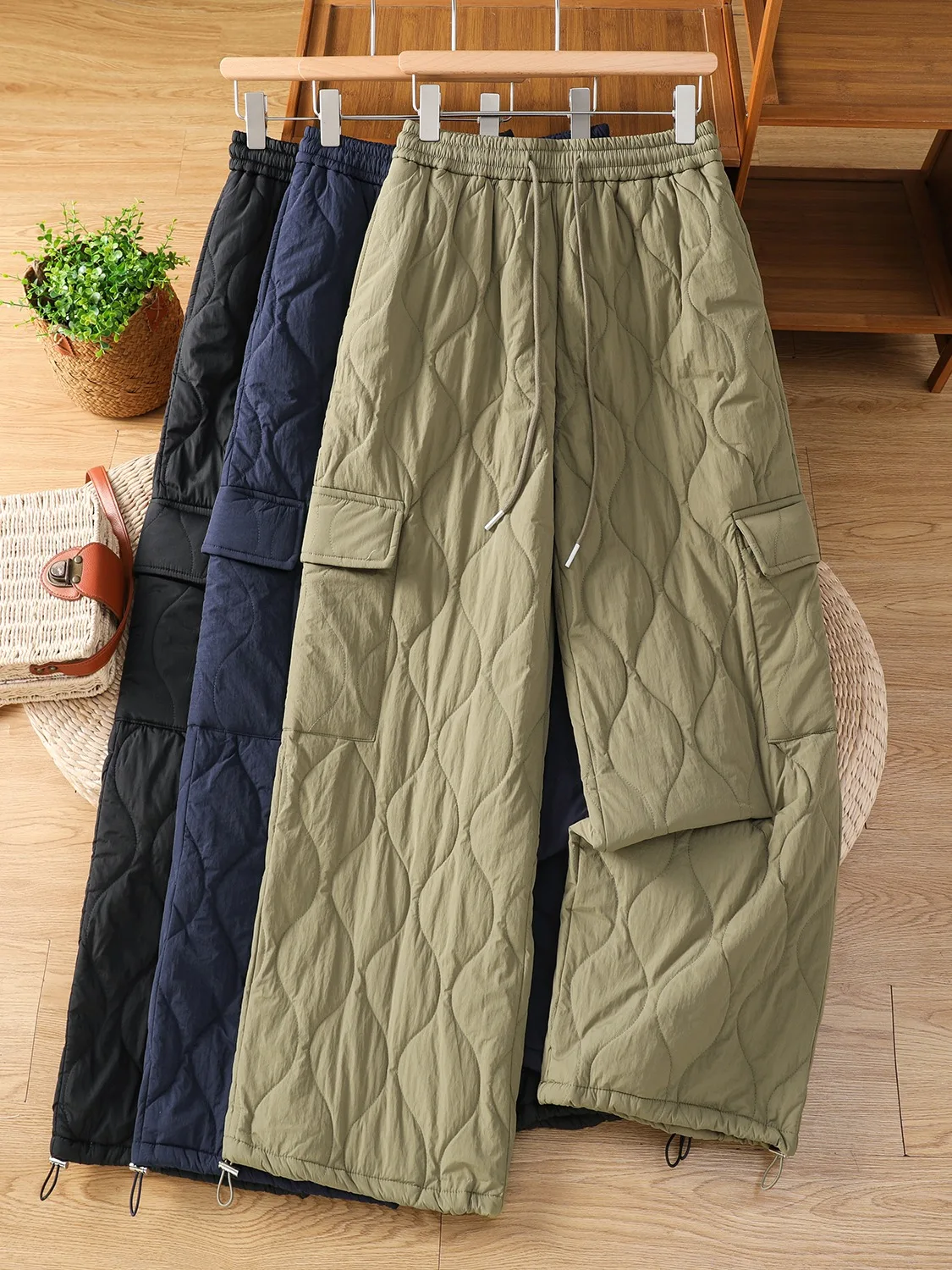

High-End Retro Diamond Pattern Cotton Pants Women's Winter Outdoor Cold-resistant Warm Thiened Dstring Workwear Trousers