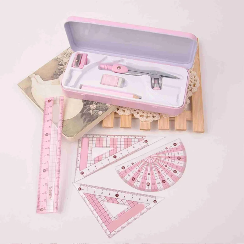 Durable Iron Box Compass Ruler Set Blue/Pink 160 * 65mm Tool Set Geometry Drawing Kit Math Learning