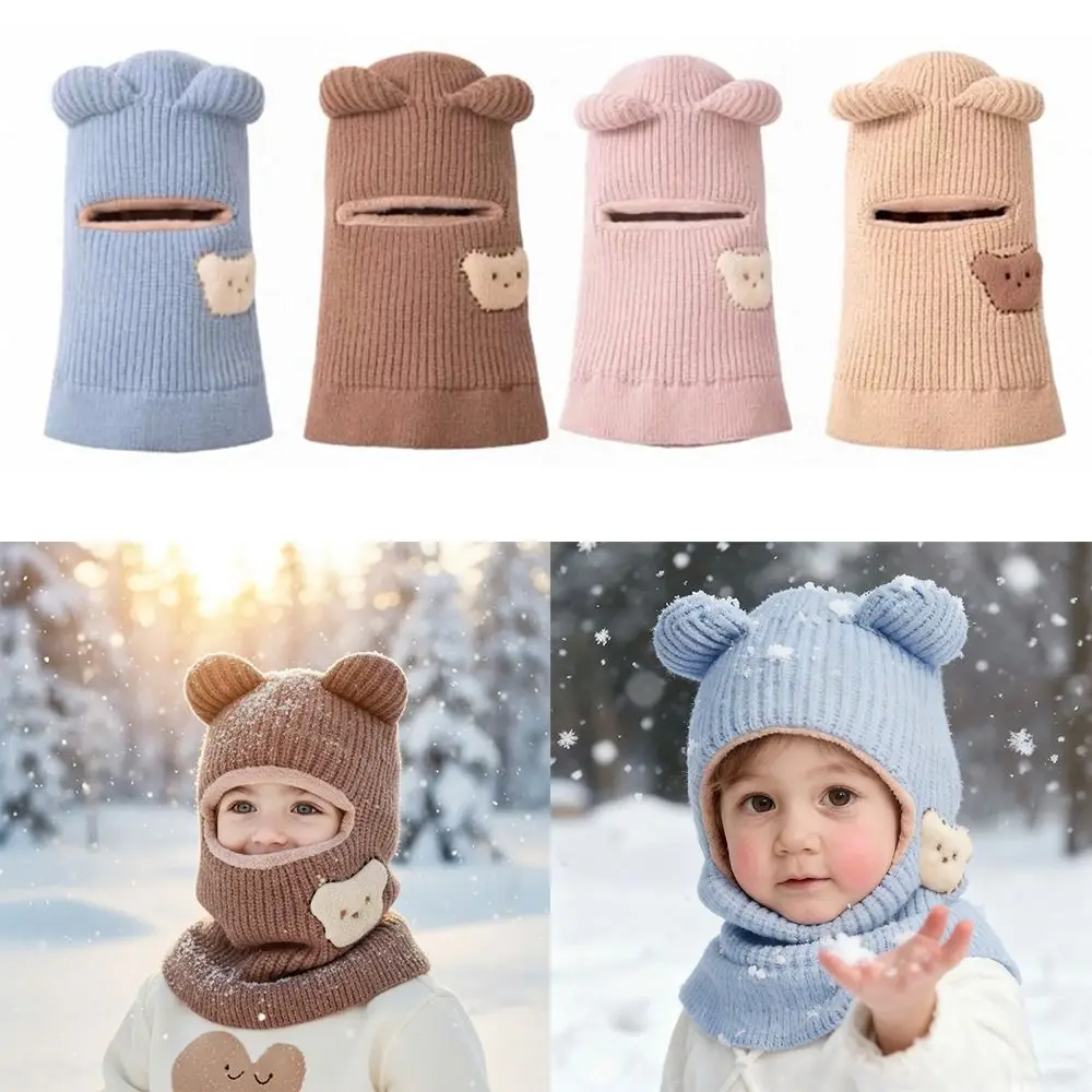

Cute Fleece Baby Knit Hat Cartoon Pattern Thick Kids Winter Cap Windproof Warm One Piece Scarf Hat Winter