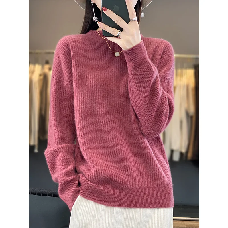 

100% Wool O-neck Women Thicker Sweaters Pullovers Long Sleeve Female Fashion High Elasticity Jumpers 2023 Winter Tops DR01