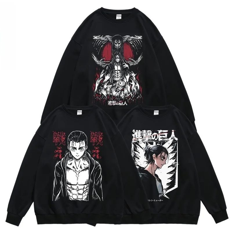 トレンドの長袖ラウンドネックスウェットシャツ-アニメ-進撃の巨人-エレン-ユニセックス-ユースファッション-コットンポリエステル混紡-フーディー