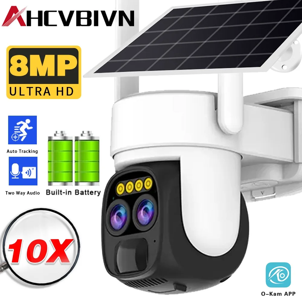 

Outdoor 4K 8MP Solar Security Camera: 10X Optical Zoom, Dual Lens, WIFI, Color Night Vision, Built-in Battery, 2-Way Audio