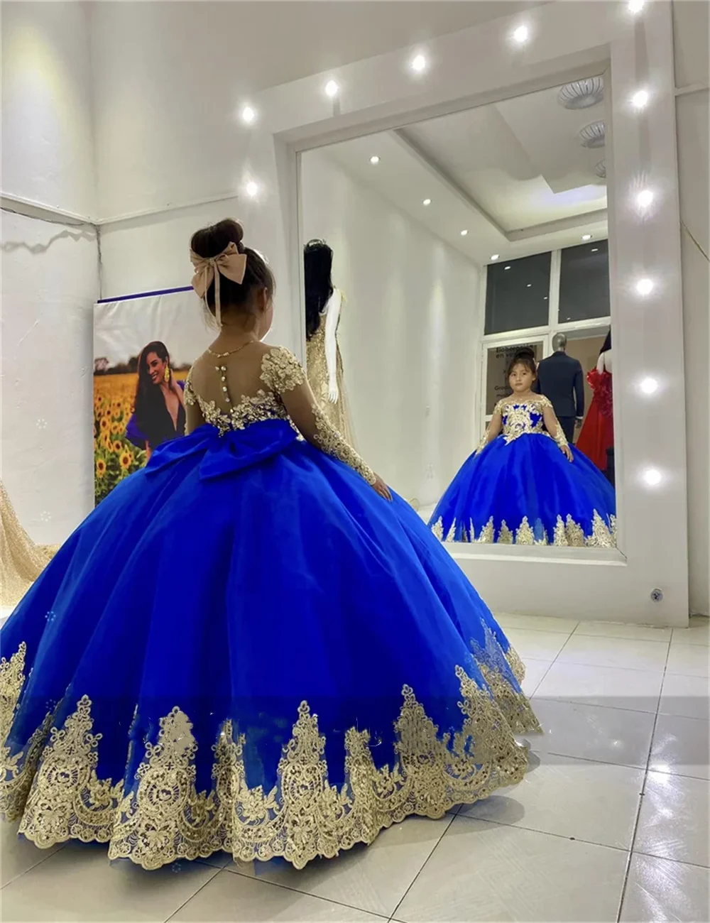 Robe de demoiselle d'honneur bleu royal à manches longues avec appliques dorées, reconstitution historique de beauté, mariage avec nœud, première communion, fête d'anniversaire cu