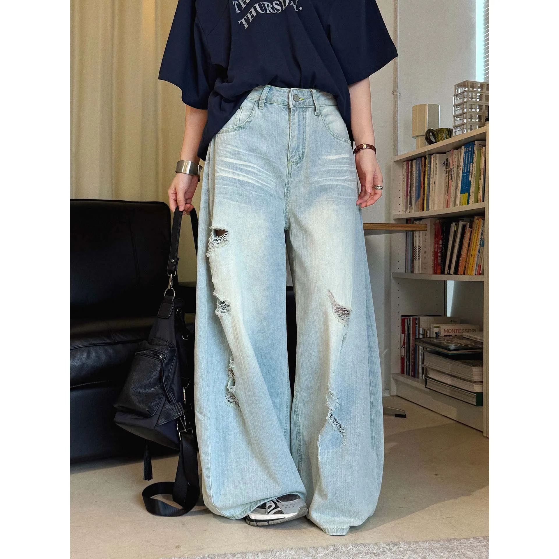 FANAN Summer New American Fashionable Design Distressed Washed White Ripped Wide-Leg Jeans For Women