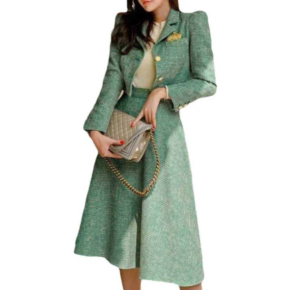2026 New Korean Style Chic Two Piece Set Blazer and A Line Skirt Suit for Women Office Lady Elegant Slim Fit