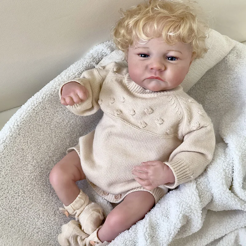 19inch Reborn Levi Blone Curly Rooted Hair Reborn Baby Doll Soft Body Awake Lifeike 3D Skin Visible Veins Collectible Art Doll