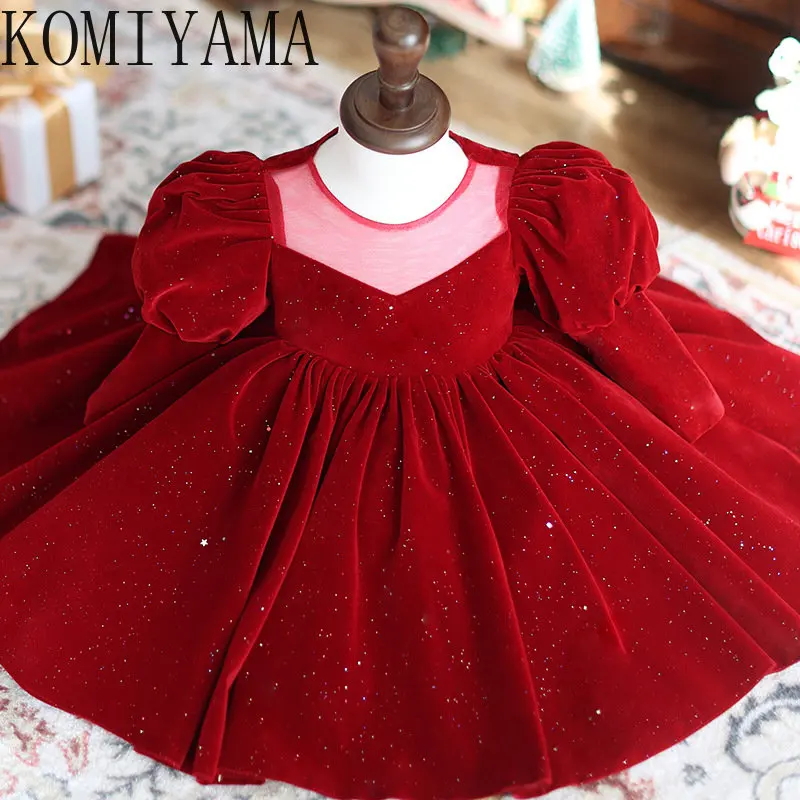 Customized Elegant Sweet Baby Birthday Party Gowns Long Sleeve Back Bow Love Design Wedding Girl Princess Dress Ball Gown Prince