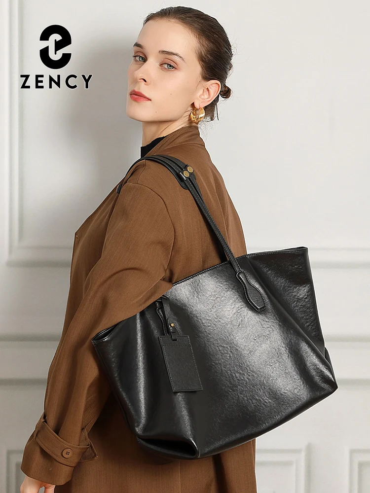 Zency Retro Style Handbag 100% Genuine Leather Ladies Shoulder Black Tote Bag Large Capacity Vintage Bag