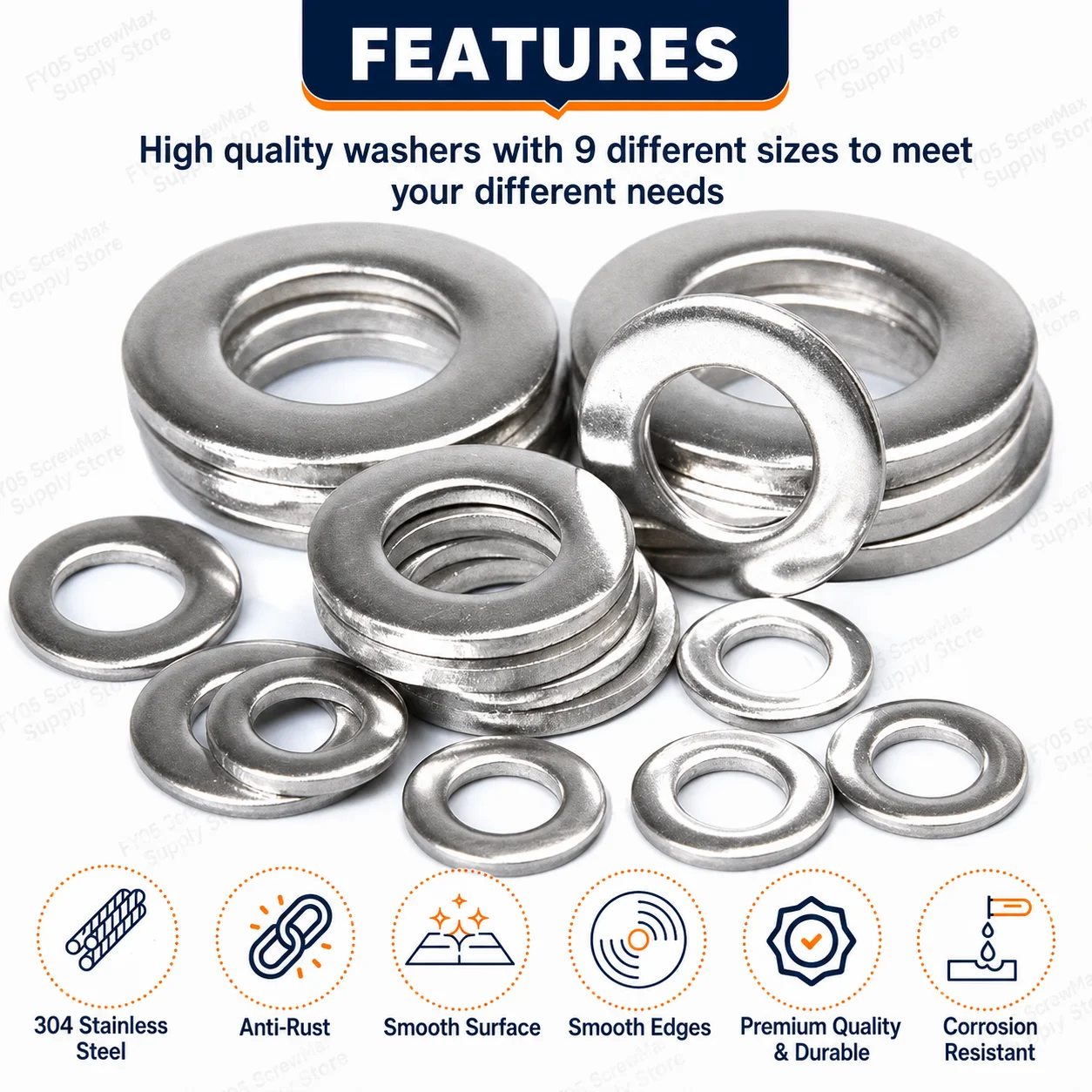 200/400pcs Stainless Steel Flat Washers Set (M2-M12) – Home DIY, Industrial Repair, Kitchen Decoration & Outdoor Maintenance