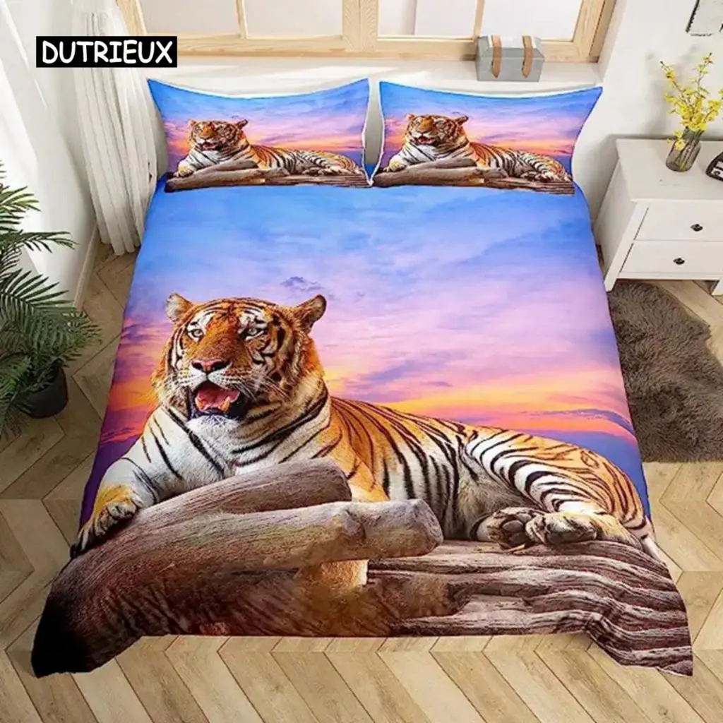 Tiger Duvet Cover Wild Animal Bedding Set Animal Theme Comforter Cover Microfiber Sunset For Children Adults Room Decorations