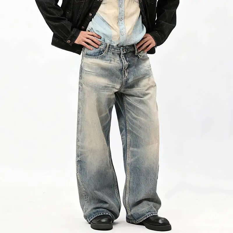 Niche Design Men's Denim Pants Washing Contrast Color All-match Bottom Straight Wide Leg Loose Male Jeans Trend 9XUSMD