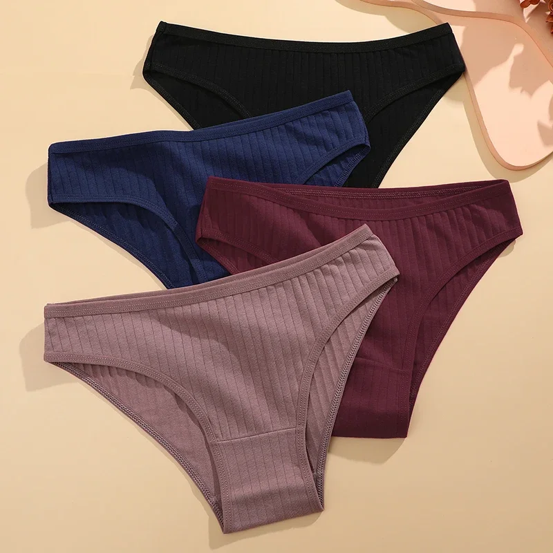 

3 pcs/set women's cotton panties soft striped underpants sexy solid color briefs female comfortable stretch lingerie M-XL