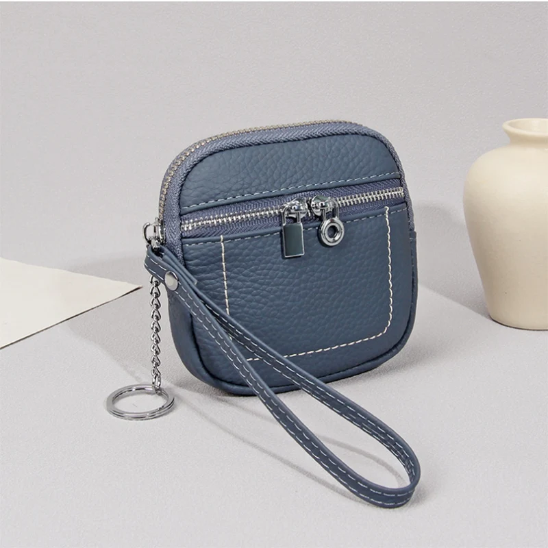 Women Genuine Leather Coin Purse Small Zipper Short Wallet Card Holder Cowhide Multi-functional Earphones Lipstick Storage Pouch