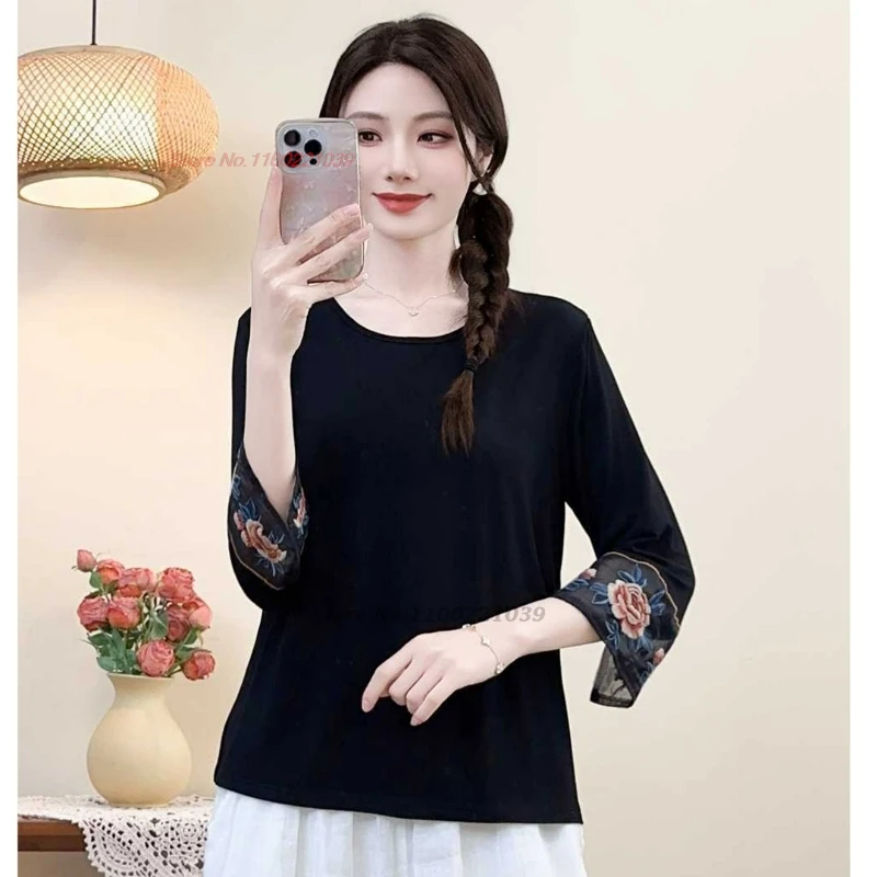 

2025 chinese traditional t-shirt national flower embroidery o-neck folk shirt ethnic hanfu tops oriental vintage base shirt