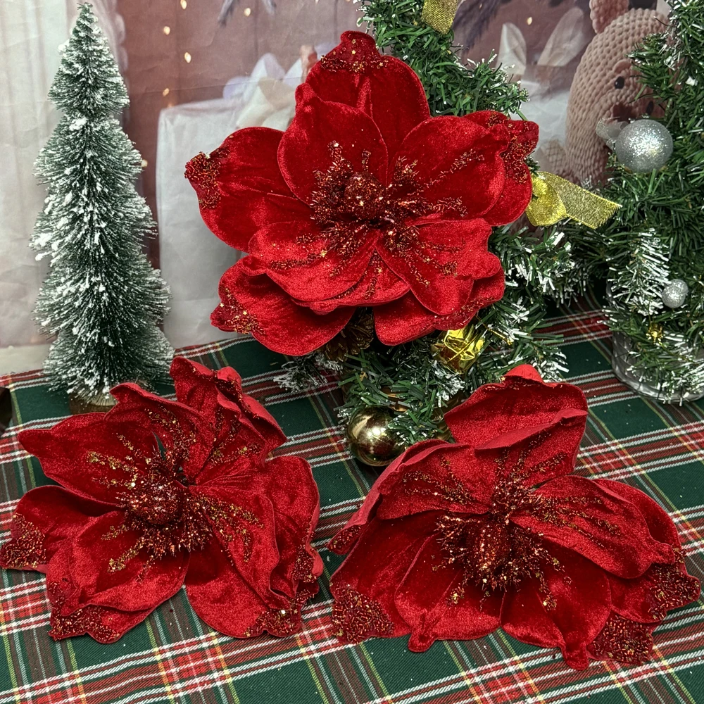 1/10pc Künstliche Glitter Weihnachten Blumen Roten Weihnachtsstern Weihnachten Baum Hängen Ornament Glitter Magnolia Gefälschte Blume Hochzeit Party – Detail 4
