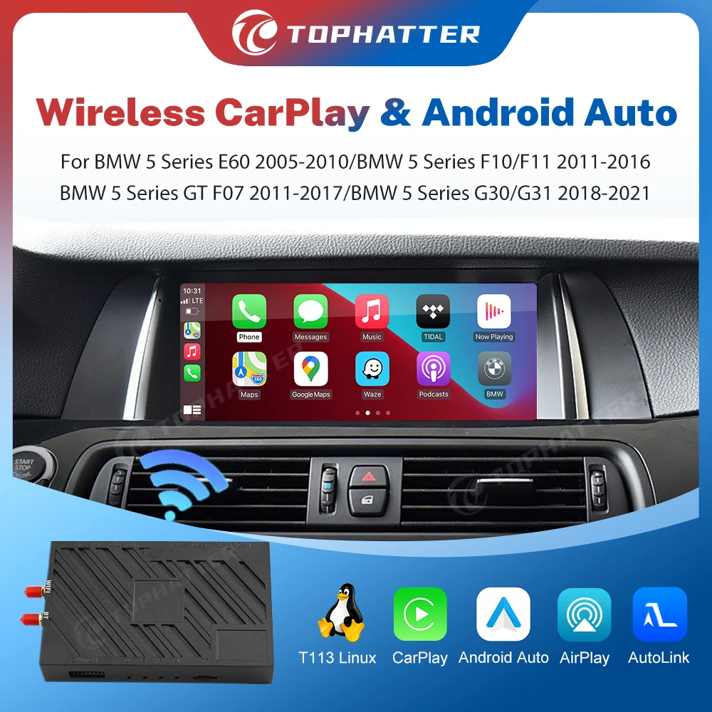 

Decoder Box For BMW 5 Series E60/ F07 GT/F10/F11 2005-2021 Linux Wireless CarPlay Android Auto Adapter 6.5" 8.8" 10.25"
