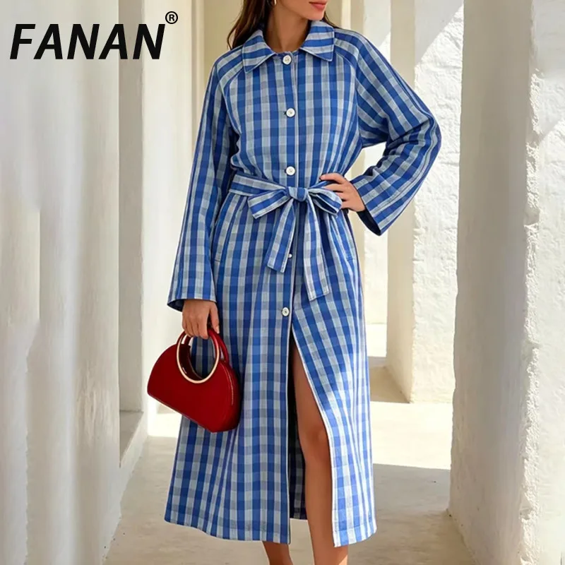 FANAN Women Blue Plaid Long Trench Coat Lapel Long Sleeve Belted Waist Split Button Casual Oversized Windbreaker Outerwear