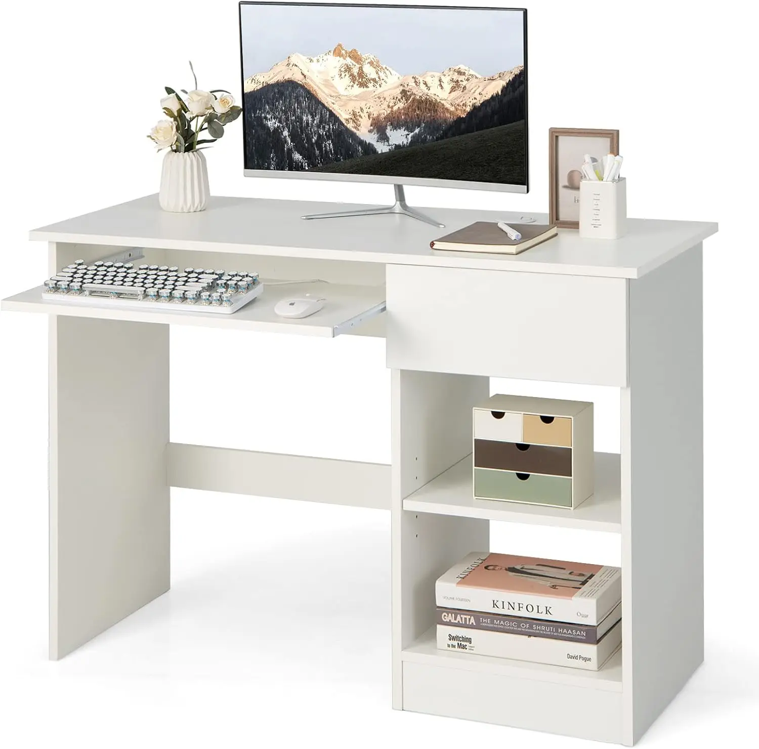 

Modern White Desk with Adjustable Shelves & Keyboard Tray, Compact Laptop PC Writing Study Table with Stand, Bedroom Furniture