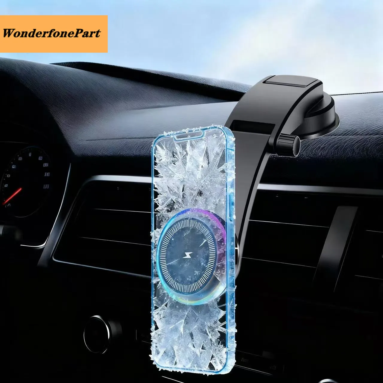 

Магнитная автомобильная зарядная станция с охлаждением и беспроводной зарядкой, держатель на приборную панель с радиатором для iPhone 17, 16, Samsung