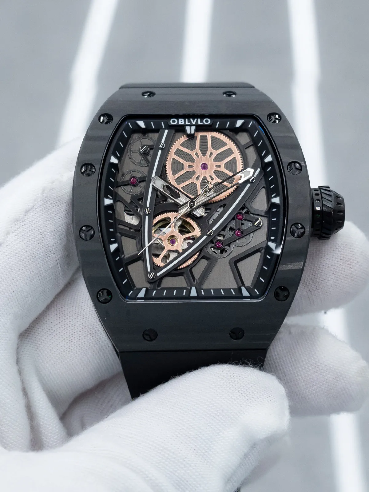 OBLVLO Men Automatic Watch 43mm Tonneau Mechanical Wristwatch Luminous Skeleton Dial Sapphire Mirror