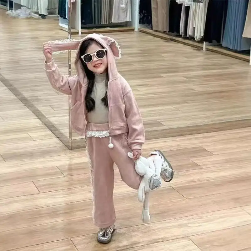 جديد 2025 مع قلنسوة للفتيات سراويل واسعة الساق مكونة من قطعتين معطف ربيع الخريف للأطفال من الدانتيل مع آذان أرنب ملابس حلوة لطيفة #5