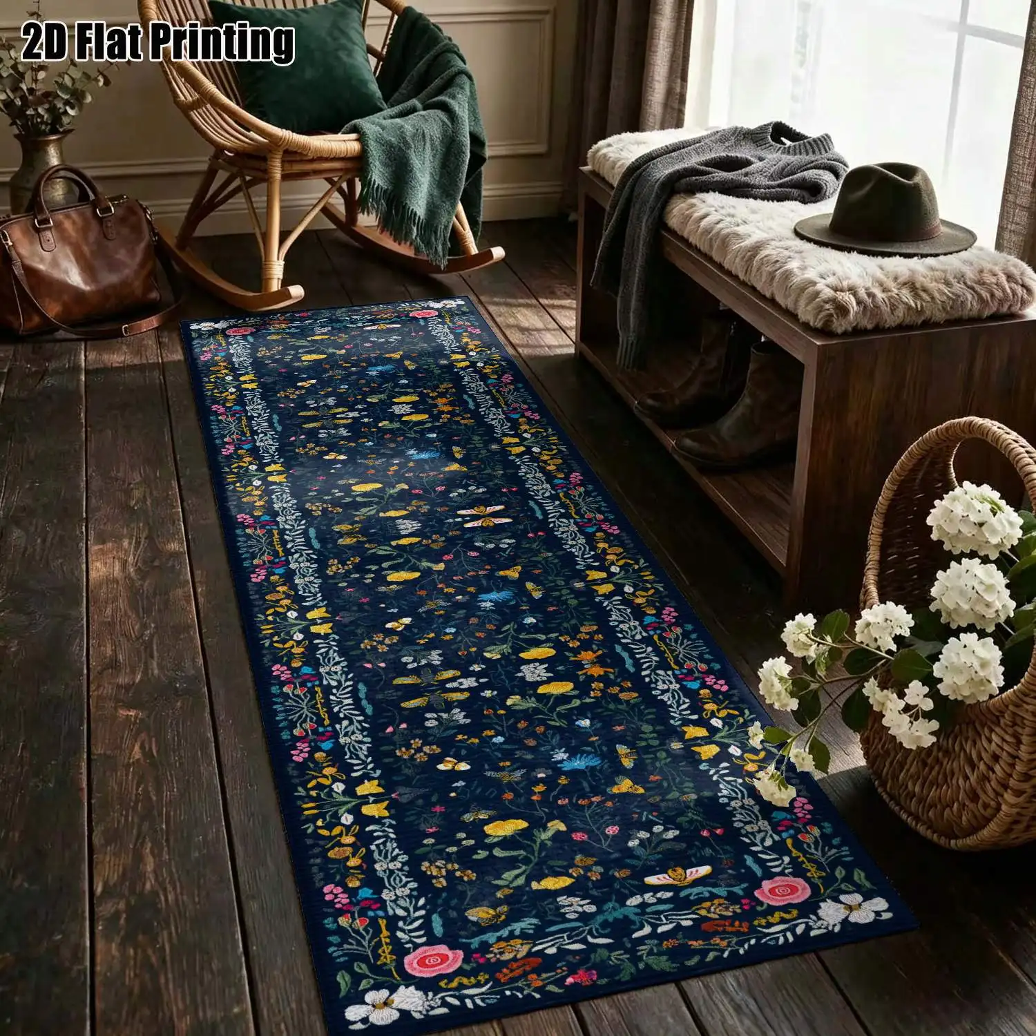 1Pc 2D Printed Dark Blue Floral Butterfly Long Strip Rug: Bohemian, Nordic, Minimalist, Instagram Style, Machine Washable, Multi-Size, Ideal for Entrance, Corridor, Bedroom, Living Room Home Decor