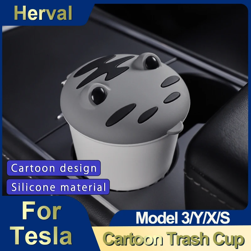 

Herval Car Trash Can For Tesla model 3/Y/S/X Silicone Waterproof Cute Cartoon Trash Cans Door Garbage Can Cup holder Rubbish box