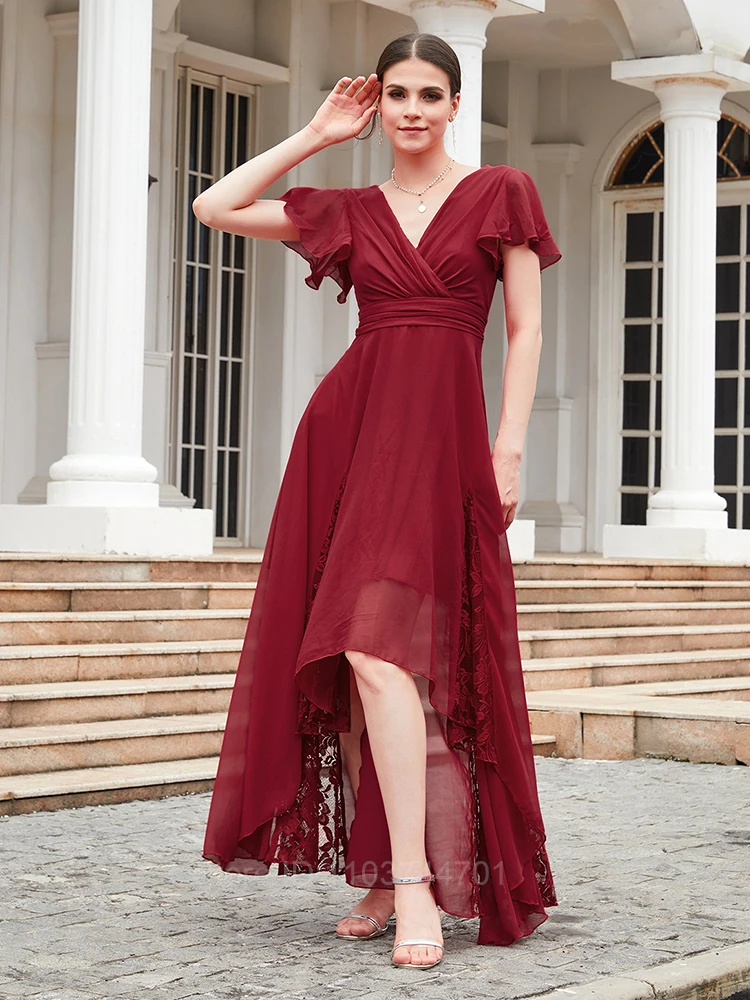 New Women's Lace Cocktail Dress V-Neck Short Sleeve Wedding Long Dress Elegant Summer Burgundy Bridesmaid Ball Gowns Vestidos