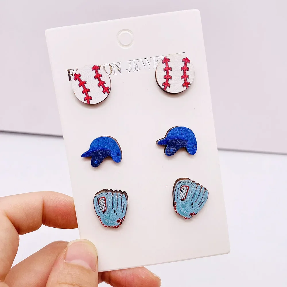 Baseball Softball Football Sports Stud Earrings set Heart Shape Sports Wood Earring for Women Ball Game Earrings Jewelry