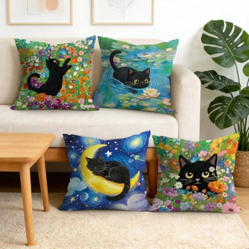 1/4pcs Cute Black Cat Art Throw Pillow Covers Floral Garden Starry Night Water Lily Cushion Cases Cushion cover