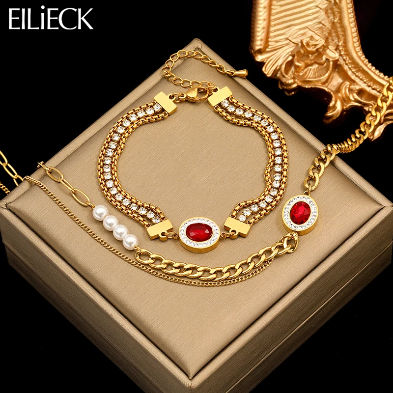 EILIECK 316L Stainless Steel Oval Red Zircon Crystal Necklace Bracelet For Women New Trendy Luxury Jewelry Set Birthday Gift