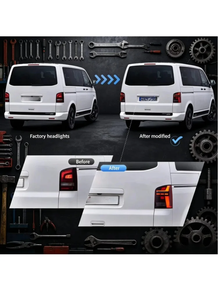 2 Stück LED-Rückleuchten-Set für VW Caravelle T5 2010-2014, Rückleuchte mit dynamischem sequenziellem gelbem Blinker, Bremslicht, Rückfahrlicht, DRL, direkter Ersatz, Plug-and-Play, IP67 wasserdicht,
