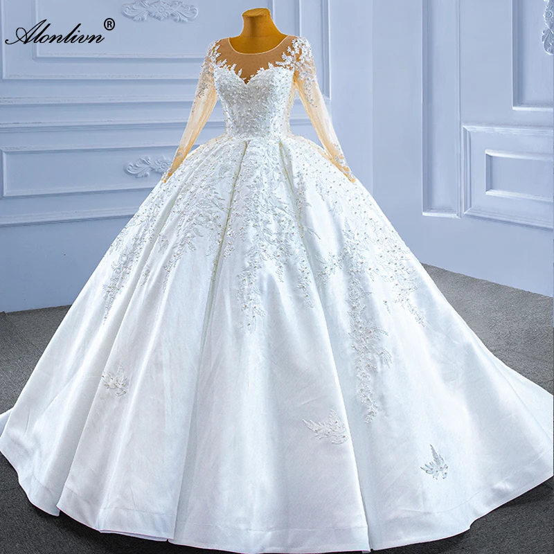 Alonlivn Real Photo O-neck Princess Ball Gown Wedding Dresses With Luxury Satin Beading Pearls Appliques Bridal Skirts Lace Up