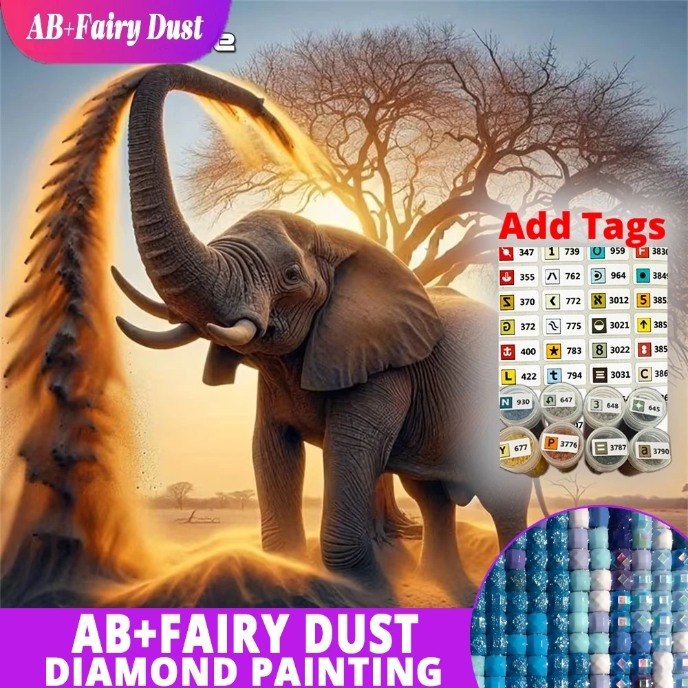 

AB Fairy Dust Diamond Painting Elephant Animal Full Square Round Mosaic Tree Picture Rhinestones DIY Embroidery Wall Decor