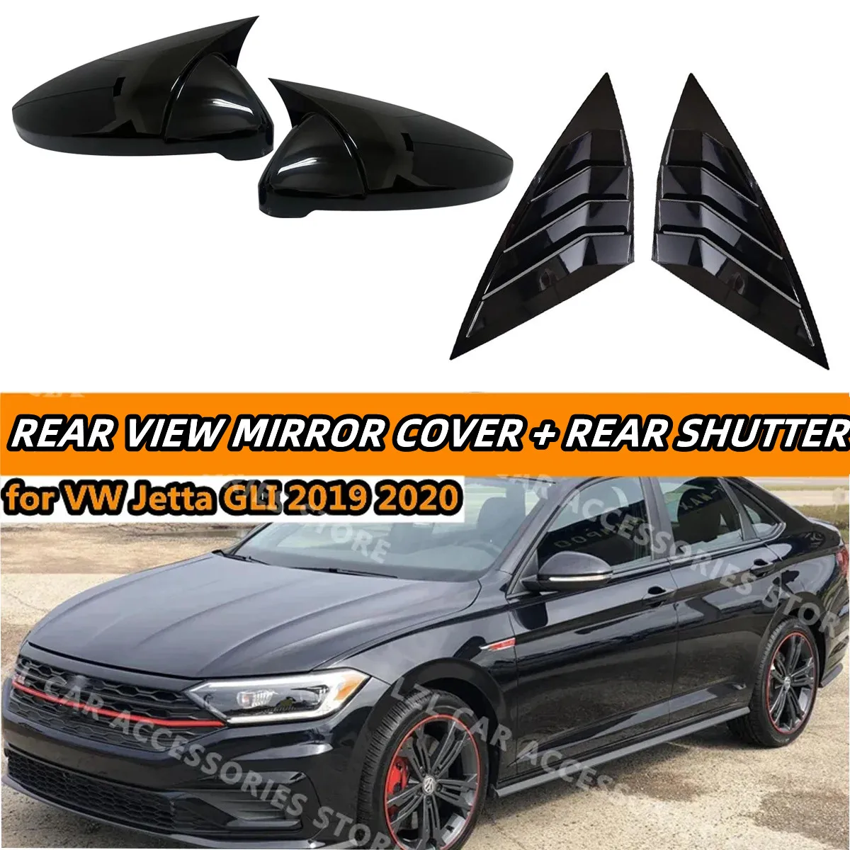 

Gloss Black Side Wing Mirror Cover + Rear Side Window Shutter Louver Cover For VW For Volkswagen Jetta MK7 GLI 2019-2022