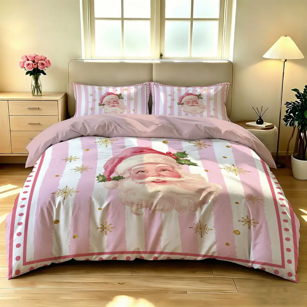 3pcs set(1 bedspread + 2 pillowcases) with pink striped background and Santa Claus head pattern perfect for home decoration
