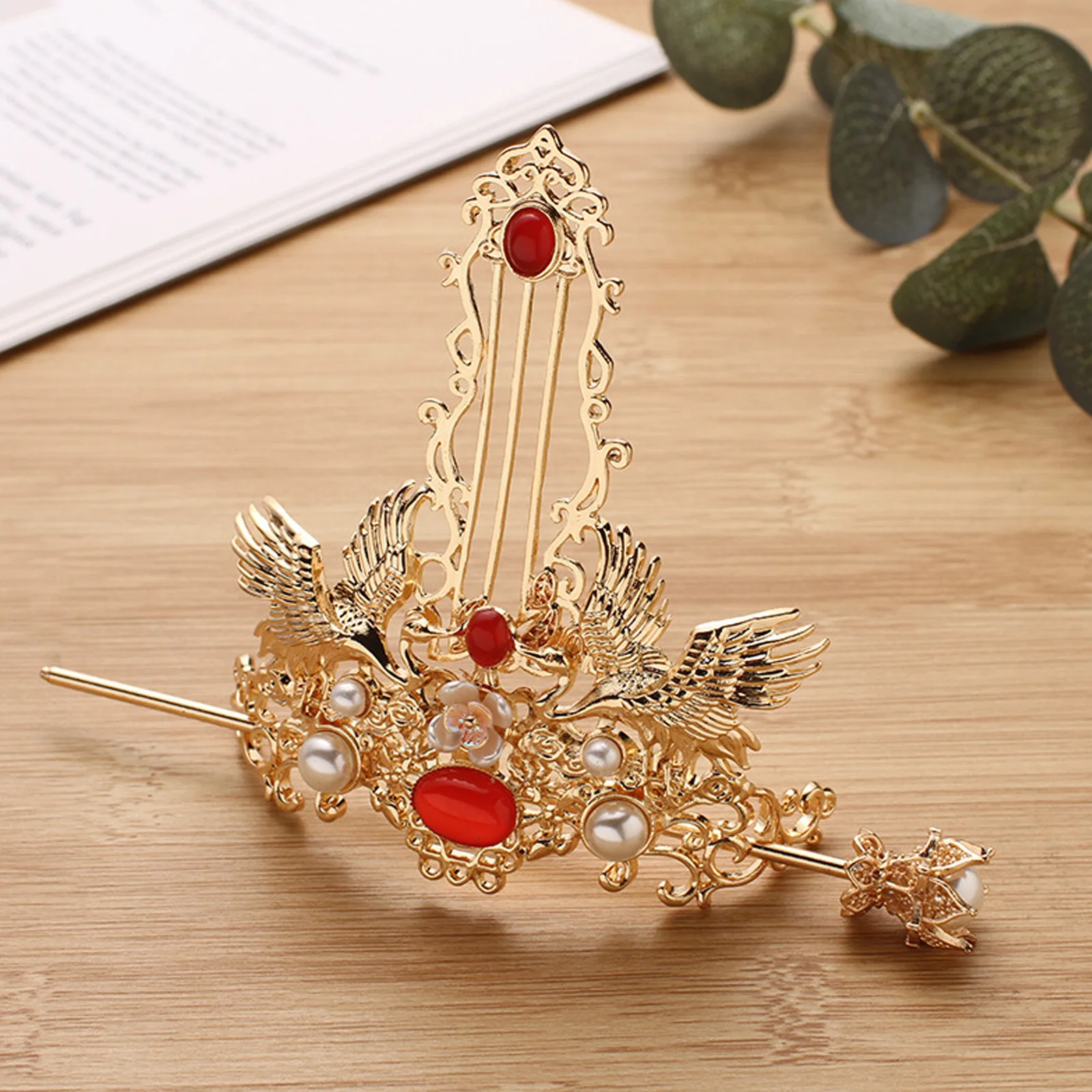 Ancient Style Hairpin with Crown Cranes Design Chinese Hanfu Hair Accessories Golden Red Crystal Headwear Vintage Hair Sticks