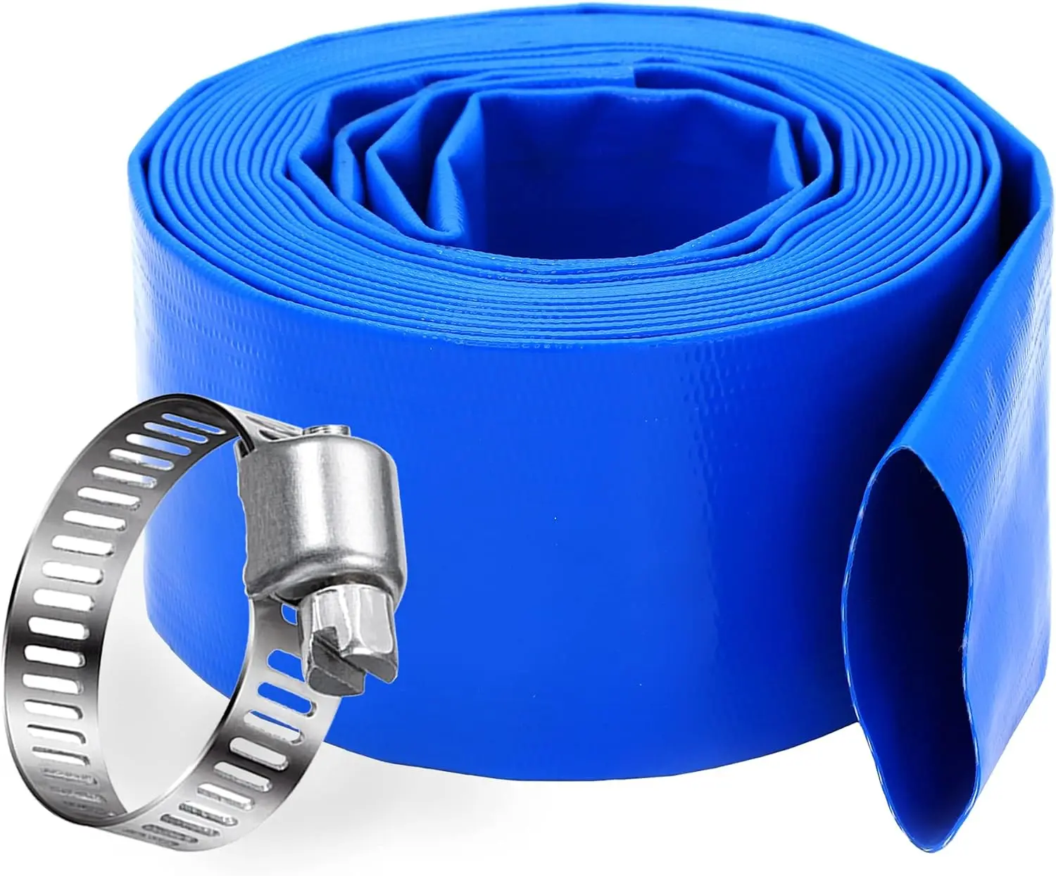 Manguera de Retrolavado para Piscina de 2.5" x 100 pies, Resistente - PVC Azul Reforzado, Plana, Resistente a Roturas y Rayos UV, con Abrazaderas
