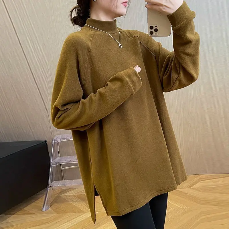 

Fashion Stand Collar Loose Korean Solid Color T-Shirt Women's Clothing 2023 Winter Oversized Casual Tops Commuter Tee Shirt