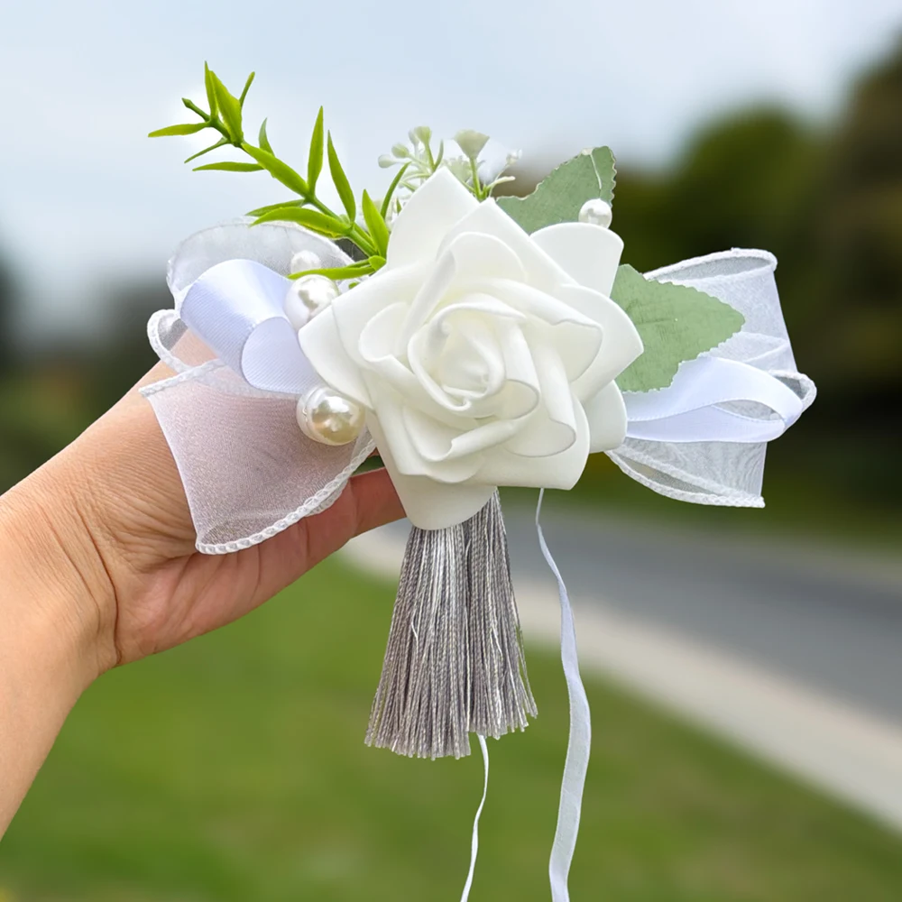 White Rose Wedding Rearview Mirror Decor Flower, With Tulle Bow, Pearls, Tassels And Green Leaves,For Wedding Car ,Chair Decor view 2