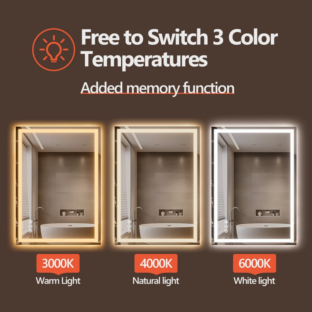 Rizzon 60x36 Inches Smart Anti-Fog LED Bath Mirror with Backlight and Front Light, 3-Color and Dimmable, Brightness Memory