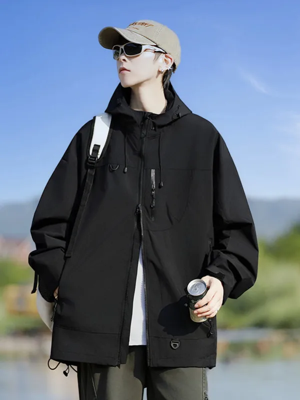 ユニセックスアウトドアフード付きジャケット2025新スタイル三防ルーズフィットプルオーバーコートユースポリエステル繊維防風長袖ジッパー開閉