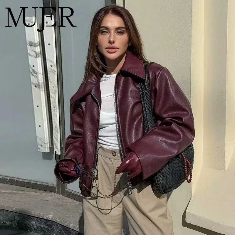 

MUJER Faux Leather Bomber Jackets for Women Zipper Winter Jackets Woman Ruched Demi-season Jacket for Women Coats Women's Jacket