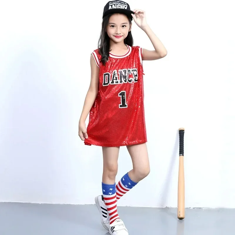 Girls Hip Hop Sequin Dance Costume Kids Child Glitter Tank Top With Socks Stage Performance Mordern Jazz Dance Outfit