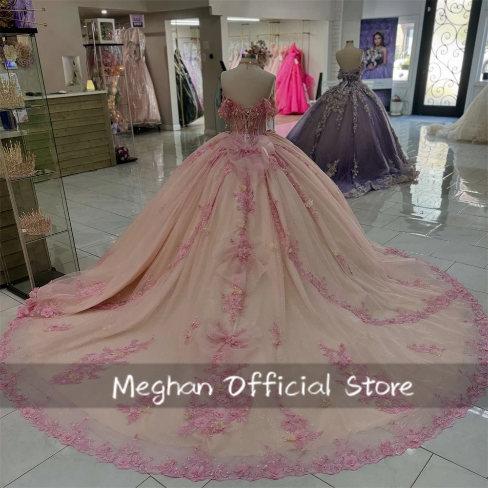 Rosa schulter freie Schleife Quince anera Kleider Ballkleid Perlen Applikationen Geburtstag Luxus kleid 3d Blume Prinzessin Kleid angepasst