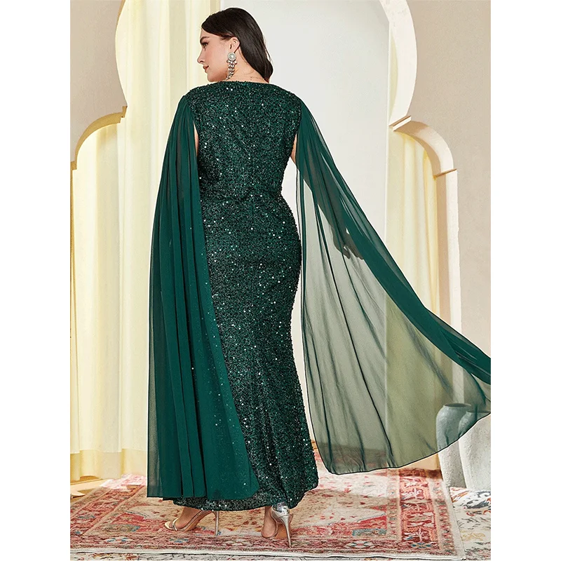 Plus Size Loose Multicolor Sequined Chiffon Cape Sleeveless Evening Gown 6xl 7xl Big Size Elegant Long Sparkling Women's Dress