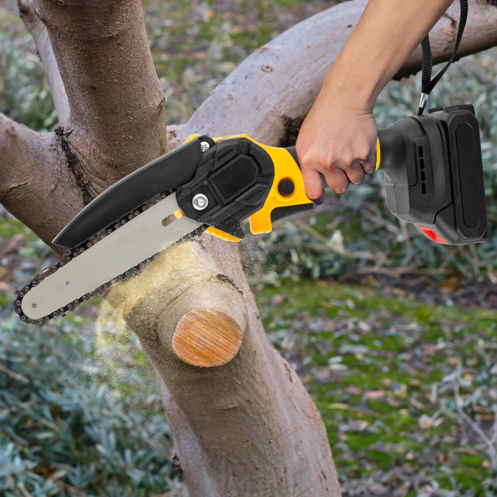 

Chainsaw Cordless Electric Chain Saw Portable 6 Inch Handheld Pruning With Security Lock for Tree Branches Trimming Wood Cutting