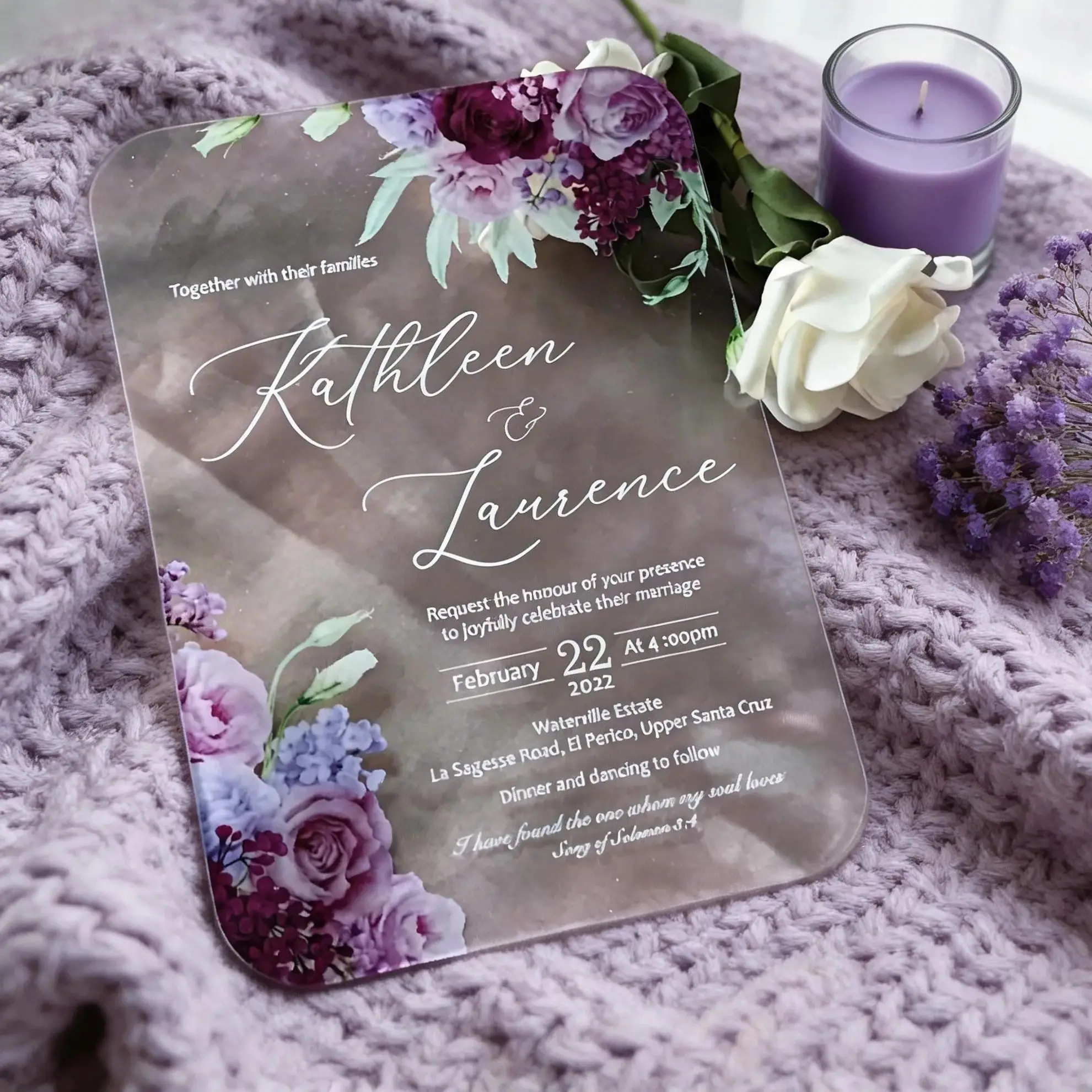 

10Pcs Luxury Custom Acrylic Wedding Invitations,Purple Rose Floral Design,Personalized Transparent Quinceanera Cards,Chic Gift